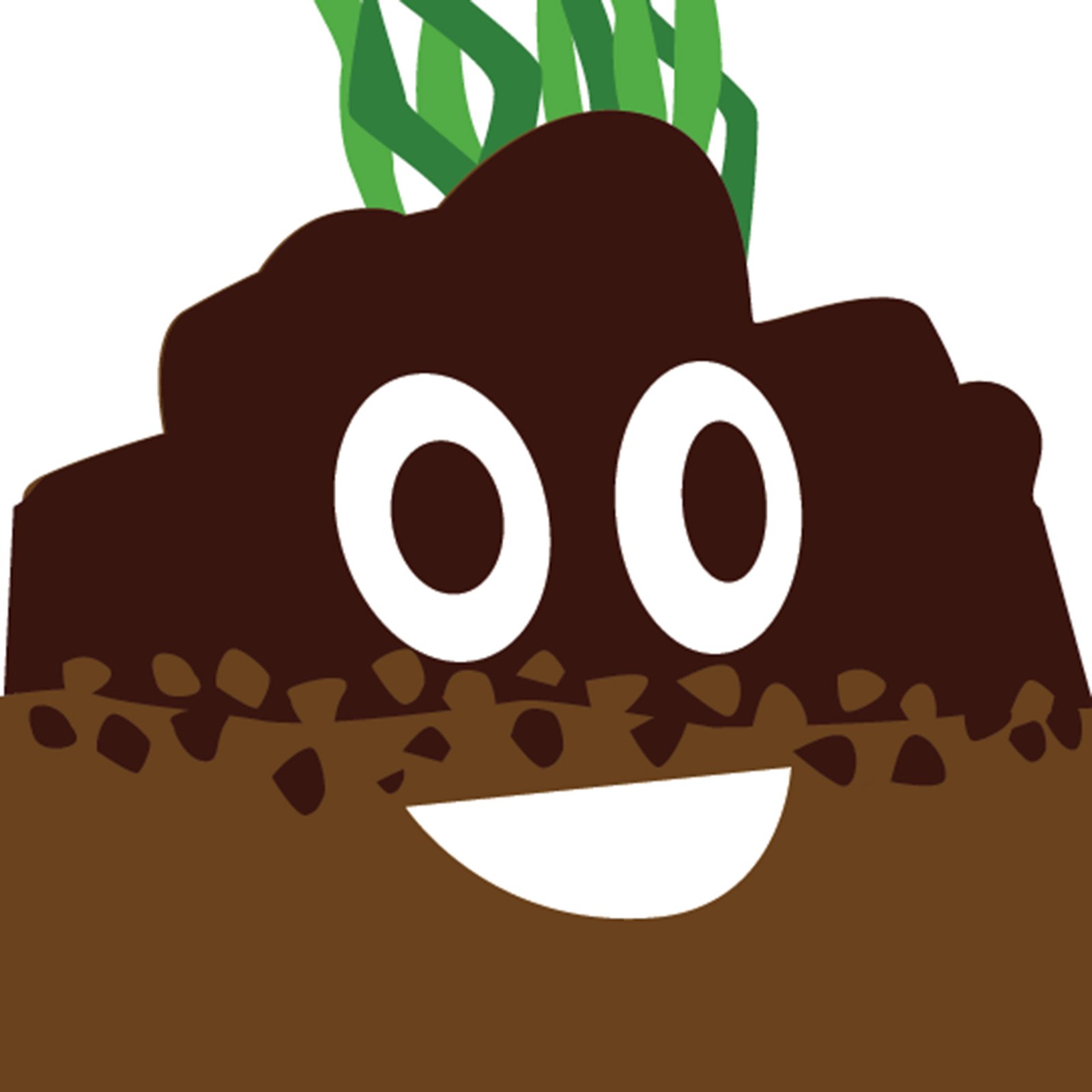 A dirt emoji that has a small tuft of green grass hair above a happy face in a dark brown lump, above a lighter brown base that fills the bottom of the frame, with a transitional area of smaller clumps.