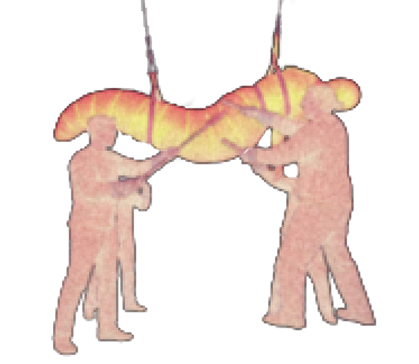 A thermal image of 4 standing humans prodding a 5th human suspended in a worm like body suit